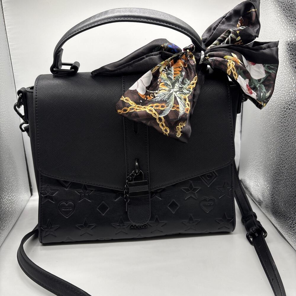ALDO Black Structured Top Handle Bag with Chain Detail and Scarf Accent
